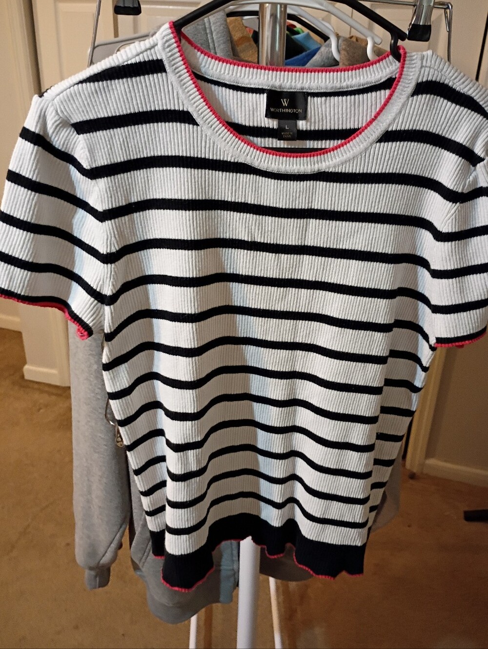 Worthington White & Black Striped Tee with Pink Trim